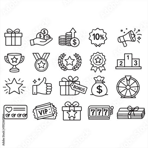 Rewards, Incentives and Bonus Benefits Line Icon Set with Awards Badges and Gift Symbols