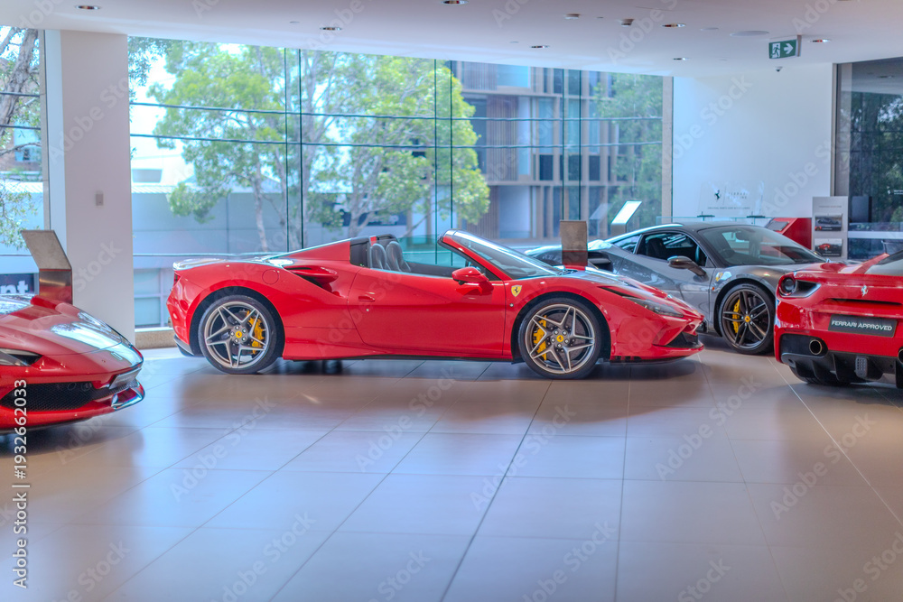 Naklejka premium 2 March 2026 Italian Car beautiful Ferrari large mag wheels bright colours on show in Sydney NSW Australia