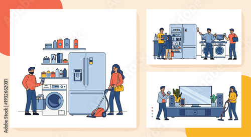People shopping for modern home appliances including refrigerators washing machines and vacuum cleaners in a bright retail store.