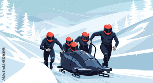 Competitive bobsleigh team in helmets and uniforms pushing their sled at high speed down a snowy mountain track in winter.