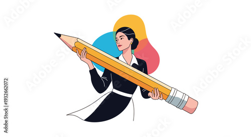 Confident professional woman holding a giant yellow pencil representing creativity graphic design and the writing process.