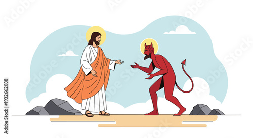 Religious illustration depicting Jesus Christ and the devil standing on dry ground under a cloudy sky during a confrontation.