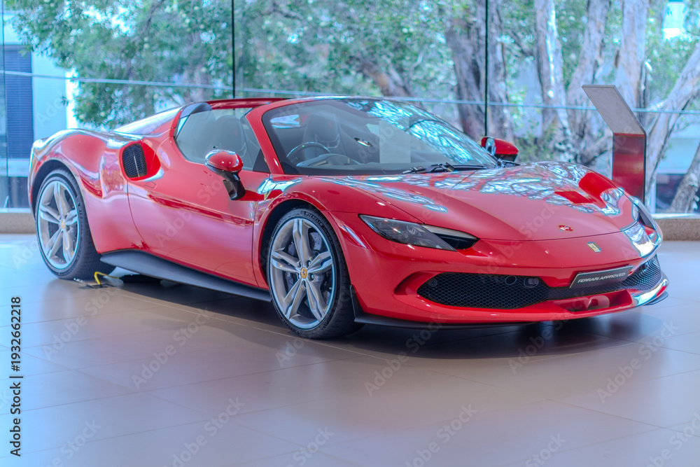 Fototapeta premium 2 March 2026 Italian Car beautiful Ferrari large mag wheels bright colours on show in Sydney NSW Australia