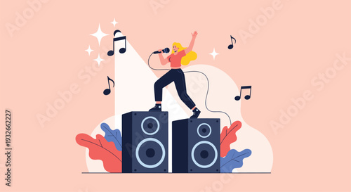 Talented female singer performing on stage standing on top of large speakers with musical notes and stars in the background.