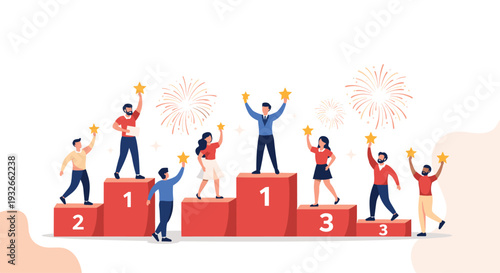 Successful diverse people standing on winner podiums holding golden stars while celebrating their achievements with fireworks.