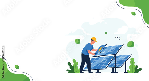 Technician in work clothes installing blue solar panels on a mounting rack to generate clean electricity from the sun.