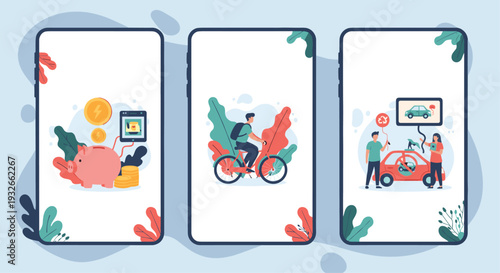 Mobile app interface designs showing eco friendly concepts like saving money cycling and charging electric vehicles.