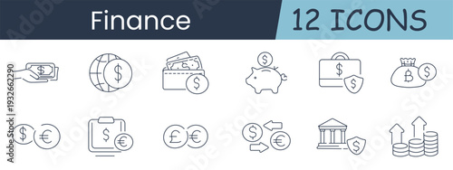 Finance set icon. Collection with cash in hand, globe with dollar, wallet banknotes, piggy bank coin, briefcase shield, money bag bitcoin, currency coins, exchange arrows, bank building, rising stacks