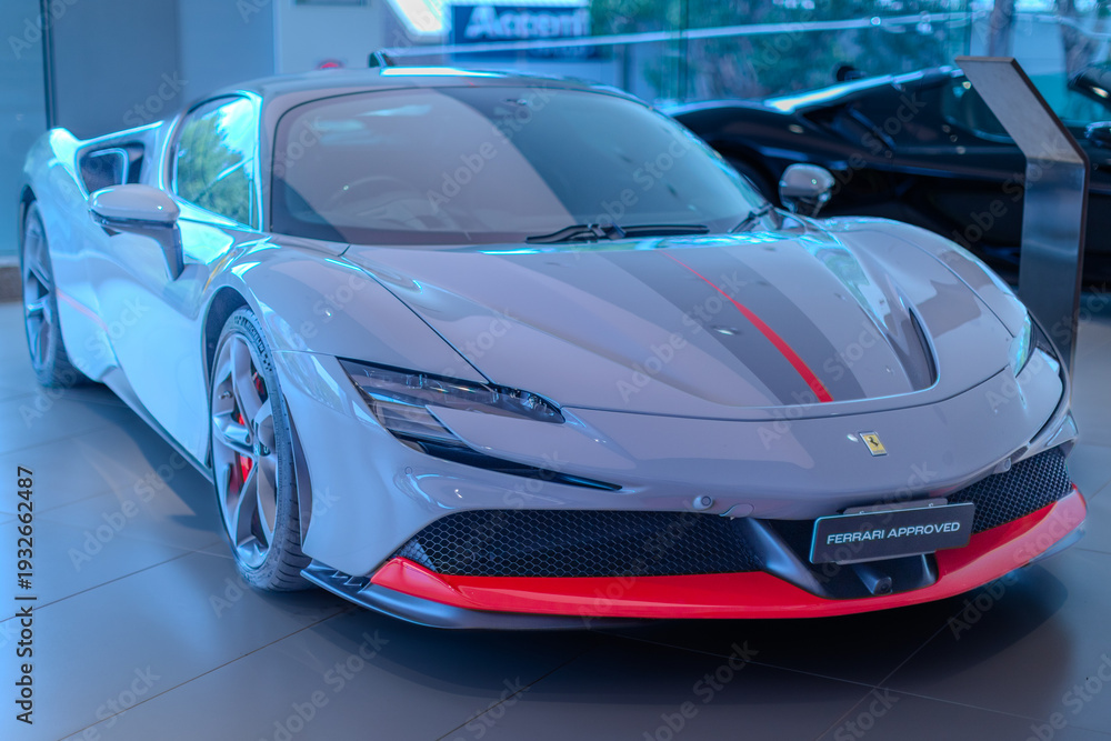 Obraz premium 2 March 2026 Italian Car beautiful Ferrari large mag wheels bright colours on show in Sydney NSW Australia