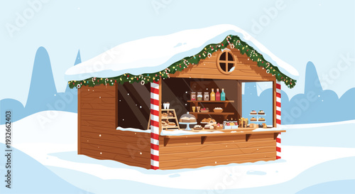 Traditional wooden Christmas market stall covered in snow and decorated with festive garlands and lights in a winter forest.