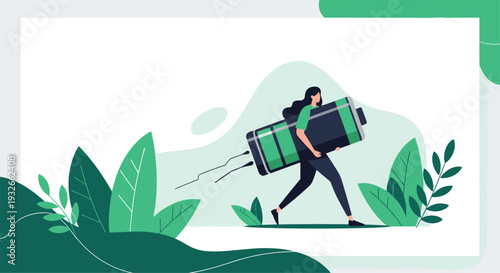Young woman carrying a giant green battery through a lush landscape representing energy storage and renewable power solutions.