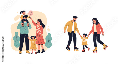 Happy family spending time outdoors together with parents walking with their children and roller skating in the park.