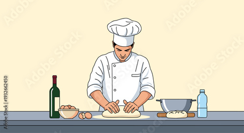Professional baker in a white uniform kneading fresh dough on a counter with ingredients like eggs and wine in the background.