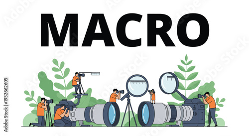 Creative macro photography concept features tiny photographers with large cameras and magnifying glasses in a lush green garden.
