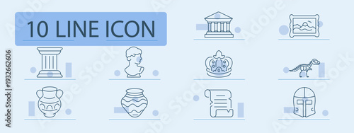 Museum set icon. Column, statue, temple, painting, fountain, dinosaur, amphora, scroll, helmet, history, archaeology, culture, exhibition, gallery, artifact, heritage