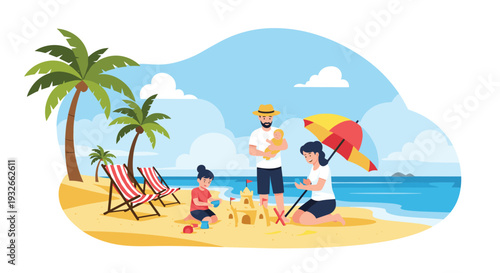 Happy young family enjoys a sunny day at the tropical beach while building a sandcastle and playing under a colorful umbrella.