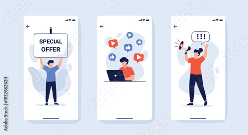 Three vertical mobile phone screens showcase various social media marketing strategies including special offers and engagement.