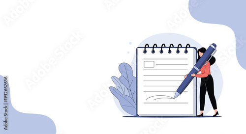 Young woman uses a giant pen to sign a large spiral notebook symbolizing the completion of an important contract or agreement.