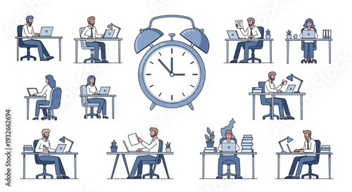 Multiple office employees work diligently at their desks surrounding a giant alarm clock to illustrate time management concepts.