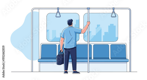 Lone male passenger stands in a modern subway train car while holding onto a rail and looking out the window at the city skyline.