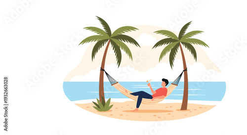 Relaxed man lies in a comfortable hammock strung between two palm trees on a tropical beach while drinking a refreshing cocktail.