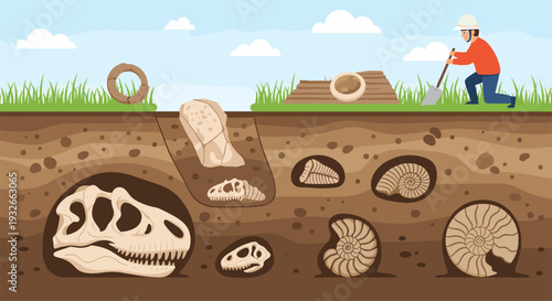 Professional archaeologist uses a shovel to carefully excavate ancient dinosaur fossils and ammonites from different soil layers.