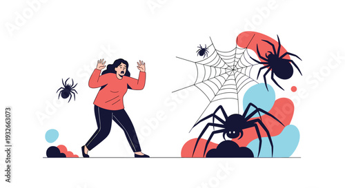Terrified woman runs away from giant black spiders and thick cobwebs illustrating common phobias and fear of creepy crawly insects.