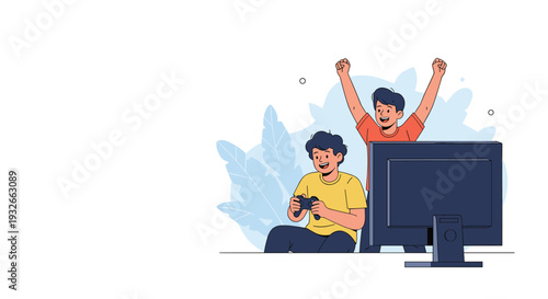 Two young male friends celebrate their victory while playing video games on a computer monitor with game controllers in hand.