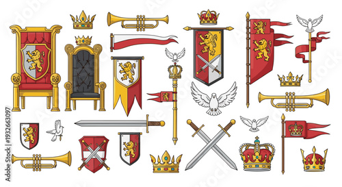 Extensive collection of medieval heraldry items including royal thrones, crowns, shields, swords, banners, and golden trumpets.
