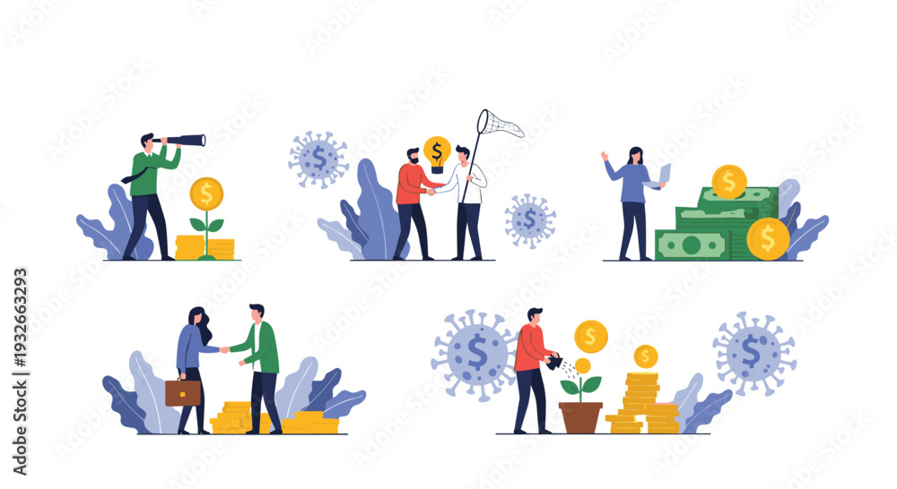 Fototapeta premium Series of illustrations shows business strategies for growth and investment during the pandemic with virus icons and money trees.