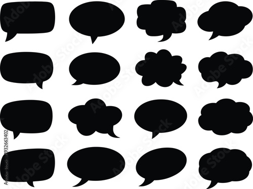 Illustration of collection of various black speech bubbles for communication