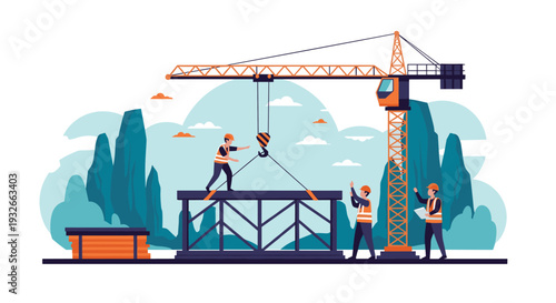 Team of construction workers in safety vests and helmets operates a large yellow tower crane to build a new steel structure.