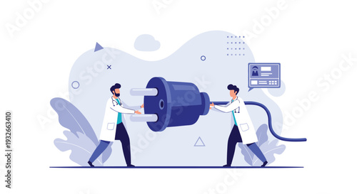 Doctors in white coats connecting a giant electrical plug to represent integration of technology in modern medicine.