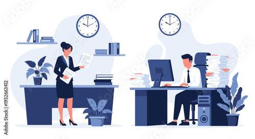 Busy office employees work at their desks with large stacks of paperwork and computers under wall clocks showing different times.