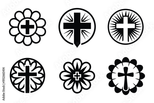 Christianity influence icons vector illustration, set of symbols showing Christianity’s impact on Western culture, cathedral, rose windows, religious logos flat design.
