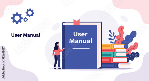 Business woman standing next to a large user manual with stack of books and gears representing technical documentation.