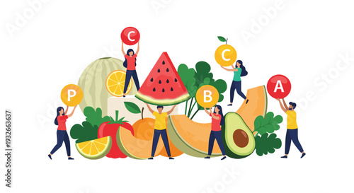 Group of small people carrying large fresh fruits and vitamin icons to promote healthy eating habits and nutrition.