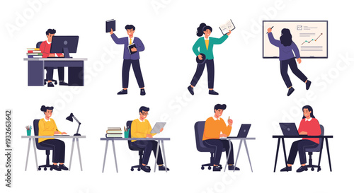 Set of diverse professional people in various working and studying poses at desks and presenting on whiteboards.