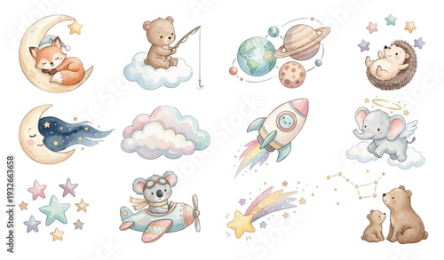 Cute watercolor baby space set with fox on moon, bear fishing, koala plane and elephant angel. Collection of Vector illustrations. Perfect for invitation, card, poster, banner, decoration