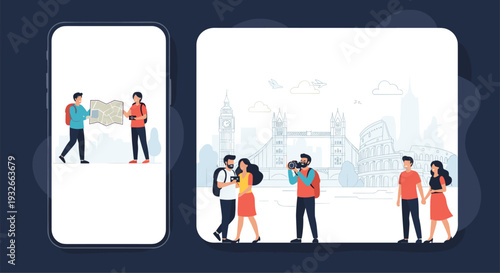 Mobile travel application concept showing world landmarks and tourists planning their next holiday journey with a map.