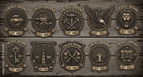 Collection of ornate crests and emblems with intricate designs and details, vintage style.