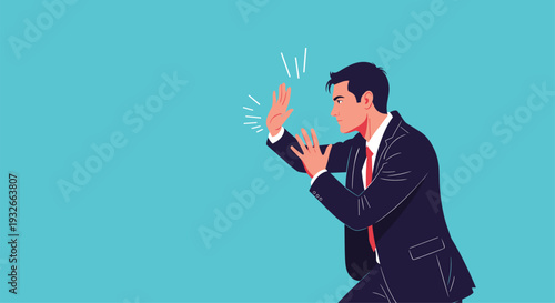 Businessman making a forceful stop or push gesture with his hands against a solid blue background for safety concept.
