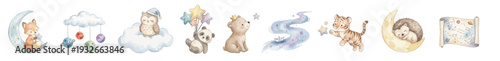 Cute watercolor celestial set with fox on moon, owl, tiger cub, shooting star and map. Collection of Vector illustrations. Perfect for invitation, card, poster, banner, decoration