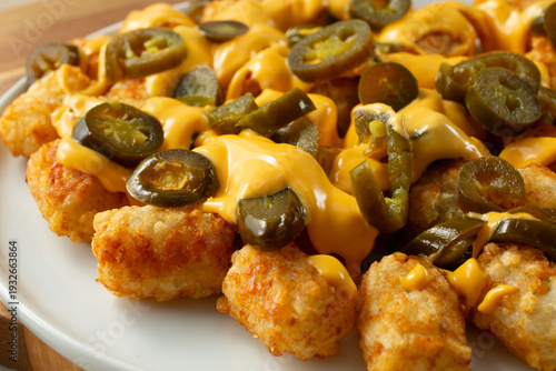 A closeup view of a plate of totchos.