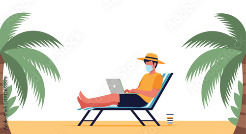 Man wearing a protective face mask while working remotely on a laptop on a sunbed under palm trees at the beach.