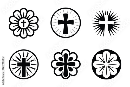 Christianity influence icons vector illustration, set of symbols showing Christianity’s impact on Western culture, cathedral, rose windows, religious logos flat design.