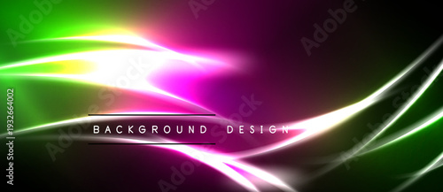 Abstract neon lines create vibrant background. Green, pink, white hues blend into dark space. Modern design element.