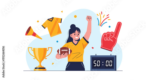 Excited female sports fan cheering for her team with a trophy ball and scoreboard in a stadium atmosphere.