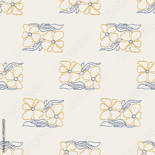 Outline Seamless Botanical Pattern With Hand-Drawn Floral Tiles. Abstract Flowers of Matisse Inspired on White Background. Contemporary Minimalist Vector Illustration