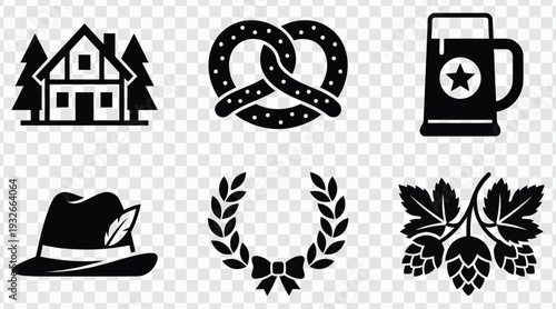 A collection of black icons representing elements of Bavarian culture and Oktoberfest celebrations